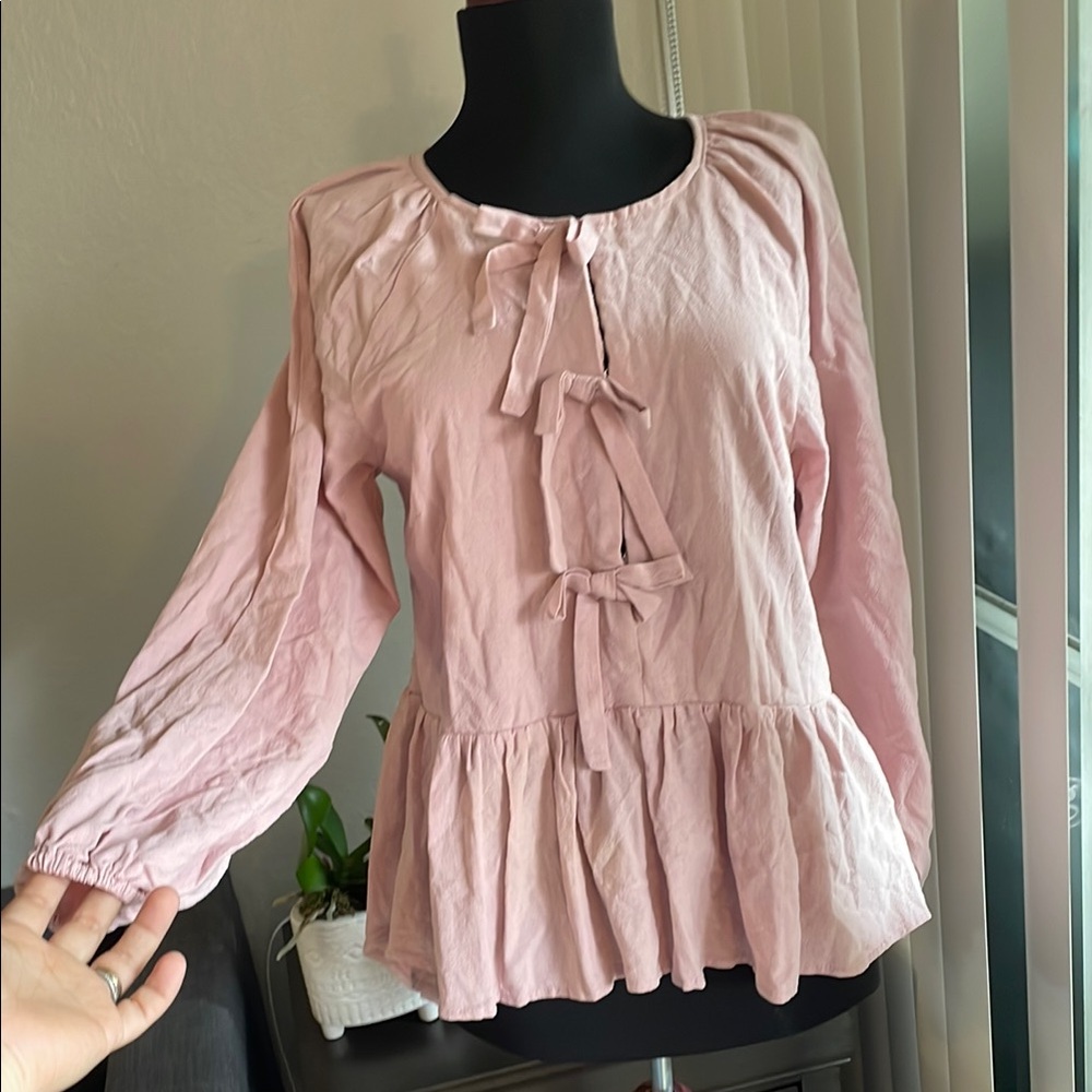 HYFVE Pink Bishop Sleeve Tie Front Blouse